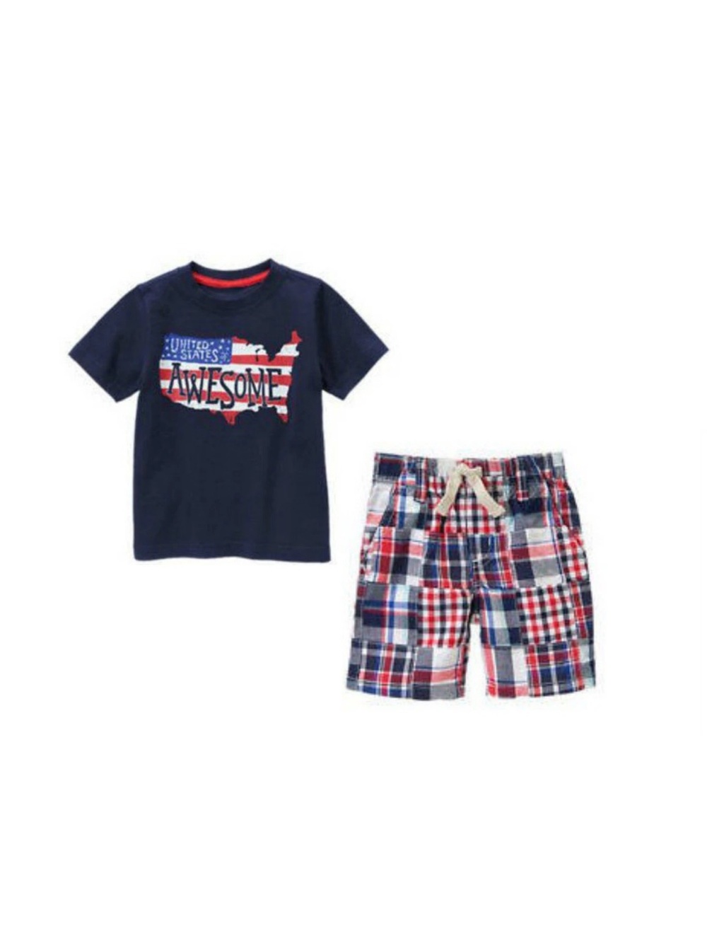 NWT Gymboree Boys Navy 'Awesome' USA Graphic Tee & Red-Blue Patchwork Shorts Set